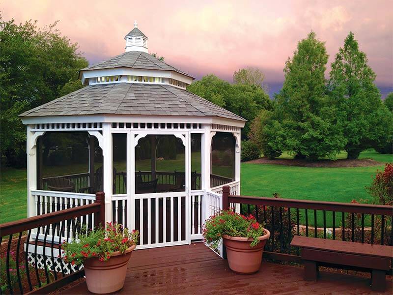 white octagon vinyl gazebo with screens