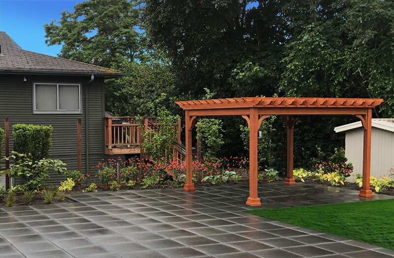 classic wood pergola on a rainy day