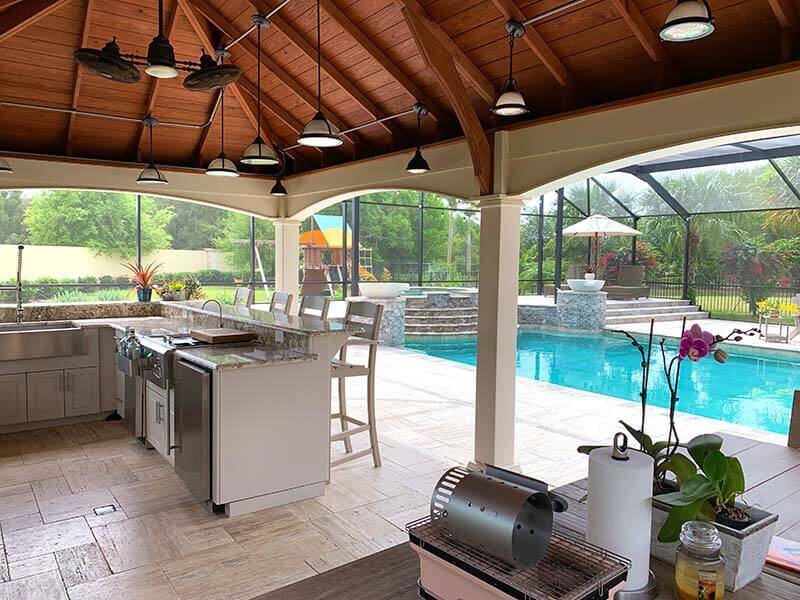 pavilion with outdoor lighting and outdoor kitchen