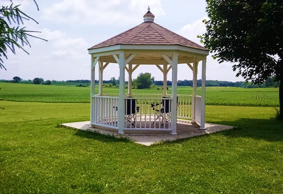 octogonal white gazebo with red roof