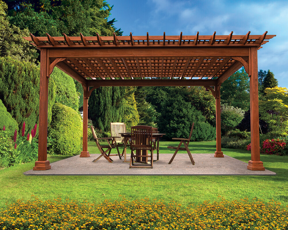 wooden pergola with outdoor furniture