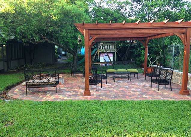 canyon brown pergola on stone patio