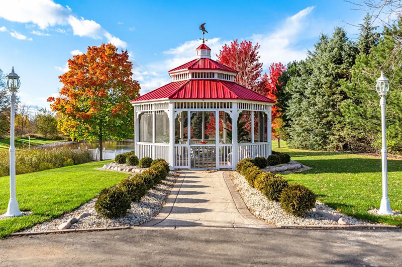Vinyl Gazebo with Red Roof and weathervane