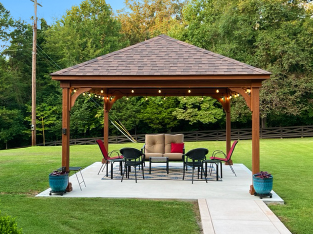 Wood pavilion with string lights
