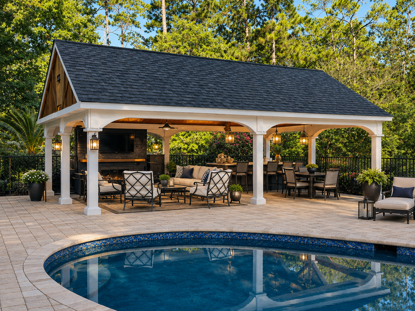 White vinyl a frame near pool with furniture