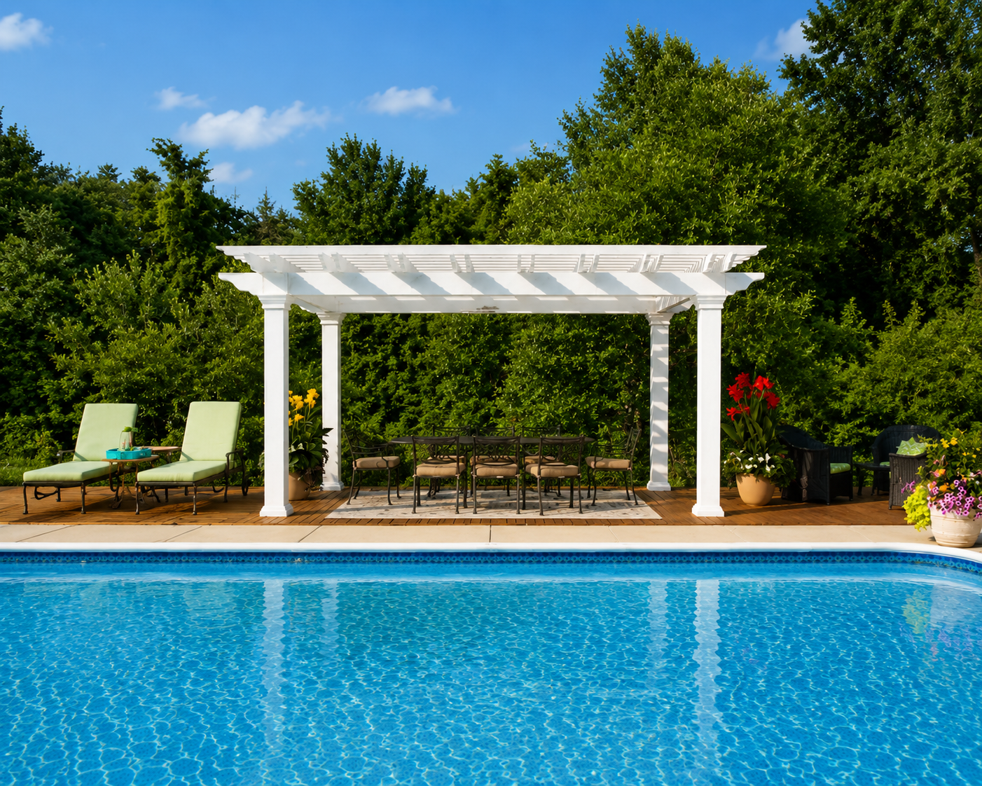 White poolside pergola with lounge chairs, patio seating, and backyard landscaping.